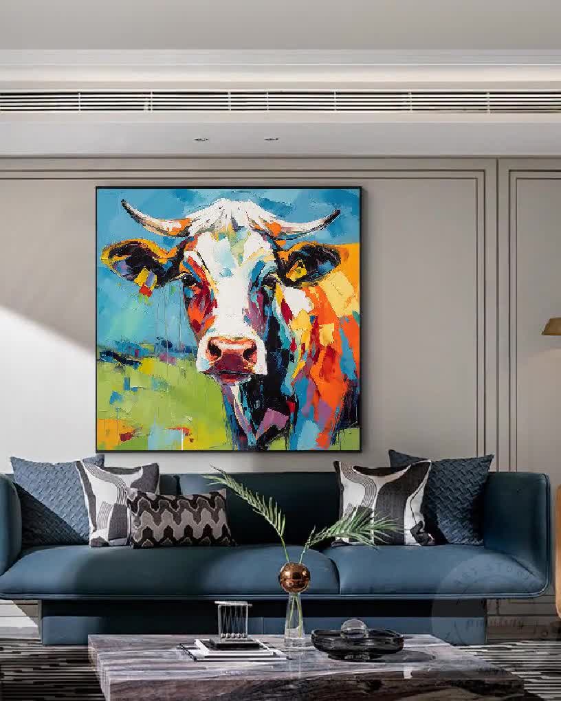 カラフルな質感の牛の絵画、キャンバスに描かれたオリジナルの油絵